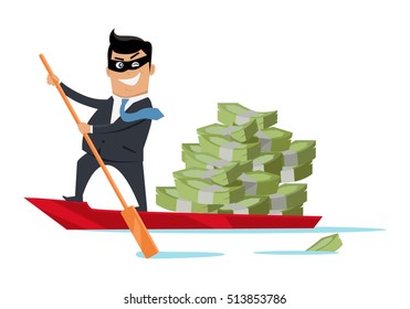 Escape with money concept vector. Flat design. Success. Financial crime, tax evasion, money laundering, political corruption illustration. Smiling man in mask robber sailing away on boat with money.