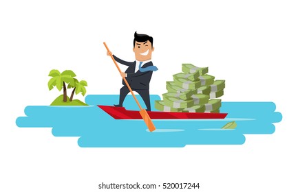 Escape with money concept vector. Flat design. Success. Financial crime, tax evasion, money laundering, political corruption illustration. Smiling man in business suit sailing away on boat with money.