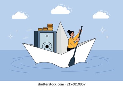 Escape With Money. Young Girl Sailing On Paper Boat With Safe With Money. Criminal Stole Golden Coins From Bank. Poster Or Banner For Website. Corruption, Robber. Cartoon Flat Vector Illustration