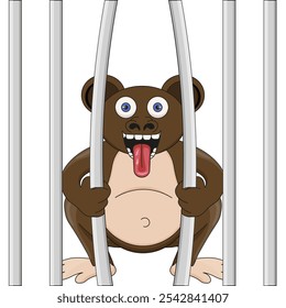 Escape of monkeys from the zoo. Funky monkey pushes the bars of the cage apart. Escape from lab. Vector illustration. EPS 10