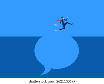 Escape from the news, businessman jumps through speech bubbles