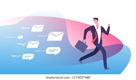 Escape plenty notifications. Frightened busy businessman run away from clients feedback emails. Email pursuit man vector concept. Many notification message, bubble note spam illustration