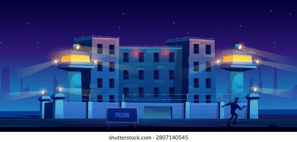 Escape from prison, man prisoner run from jail fenced with strained barbed wire, signaling and searchlights on watchtowers at night. Criminal sneaking tiptoe leaving gaol. Cartoon vector illustration