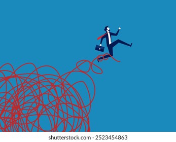 Escape from the problem. Businessman running away from chaos