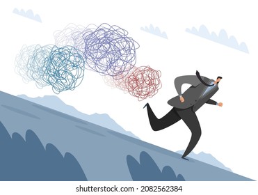 Escape from problems. Businessman running away from failures. Tangled cords of banking or business troubles. Ropes chasing scared man. Stressed character avoids difficulties. Vector concept