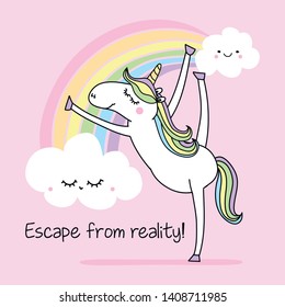 escape from reality - funny vector quotes and unicorn drawing. Lettering poster or t-shirt textile graphic design. / Cute unicorn character illustration on isolated blue background. - Shutterstock ID 1408711985