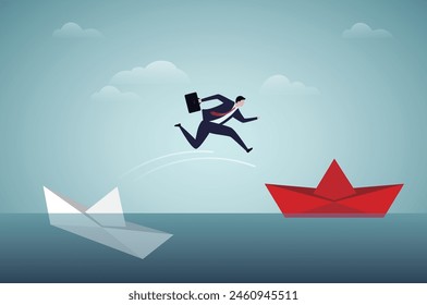 Escape from risk or danger, run away or flee from fail or bankruptcy company, change job or move to new better workplace concept, frustrated businessman jump to escape from sinking ship to better one.