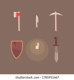 Escape room accessories semi flat RGB color vector illustrations set. Axe, shield, knife, burning candles, pickaxe and sword isolated cartoon objects on brown background. Quest room equipment pack