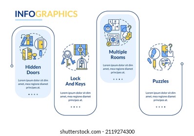 Escape room attributes rectangle infographic template. Multiple rooms. Data visualization with 4 steps. Process timeline info chart. Workflow layout with line icons. Lato-Bold, Regular fonts used