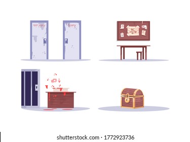 Escape room attributes semi flat RGB color vector illustrations set. Suspicious doors, clue board, key challenge and treasure chest isolated cartoon objects pack on white background