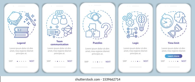 Escape room blue gradient onboarding mobile app page screen with linear concepts. Quest game. Teamwork, logic. Walkthrough steps graphic instructions. UX, UI, GUI vector template with illustrations