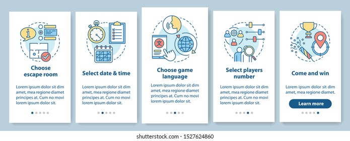 Escape room booking tutorial onboarding mobile app page screen with linear concepts. Choose quest game, date, time. Walkthrough steps graphic instructions. UX, UI, GUI vector template with