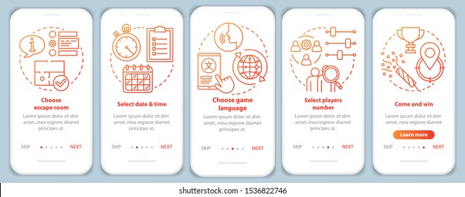Escape room booking tutorial onboarding mobile app page screen with linear concepts. Choose quest date. Red walkthrough steps graphic instructions. UX, UI, GUI vector template with illustrations