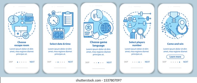 Escape room booking tutorial onboarding mobile app page screen with linear concepts. Choose quest date. Walkthrough steps graphic instructions. UX, UI, GUI vector template with illustrations