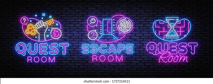 Escape Room collection neon signs vector. Quest Room design template concept. Neon banner background design, night symbol, modern trend design. Vectro Illustration.