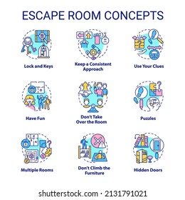 Escape room concept icons set. Puzzle-solving adventure idea thin line color illustrations. Lock and keys. Use clues. Isolated symbols. Editable stroke. Roboto-Medium, Myriad Pro-Bold fonts used