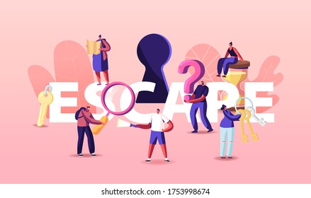 Escape Room Concept, Tiny Characters Playing Quest Game Solve Puzzle During Riddle. Friends Company Adventure Recreation. People with Key and Hourglass Poster Banner Flyer. Cartoon Vector Illustration