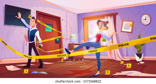 Escape room with crime scene, man and woman searching exit from murder place fenced with yellow police tape and chalk silhouette of dead body on floor in apartment. Cartoon vector illustration
