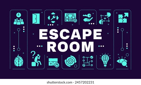 Escape room dark purple word concept. Outdoor family entertainment. Creative problem solving. Visual communication. Vector art with lettering text, editable glyph icons