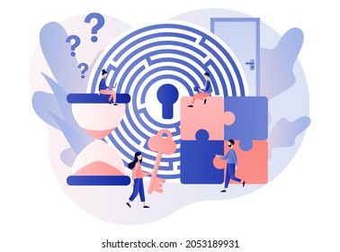 Escape room. Exit maze. Quest room. Tiny people trying to solve puzzles, find key, gettout of trap, finding conundrum solution. Modern flat cartoon style. Vector illustration on white background