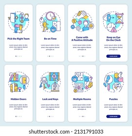 Escape room experience onboarding mobile app screen set. Solving puzzles walkthrough 4 steps graphic instructions pages with linear concepts. UI, UX, GUI template. Myriad Pro-Bold, Regular fonts used