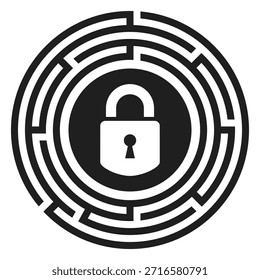 Escape room icon with labyrinth and padlock isolated on white background. Simple vector circle illustration for exit game logotype. Abstract web design element for quizzes, brain teasers, quiz show etc. Creative flat business secret symbol, coding and encryption badge, access denied, password required emblem.