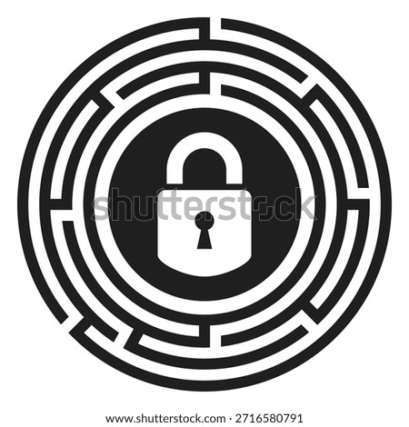 Escape room icon with labyrinth and padlock isolated on white background. Simple vector circle illustration for exit game logotype. Abstract web design element for quizzes, brain teasers, quiz show etc. Creative flat business secret symbol, coding and encryption badge, access denied, password required emblem.