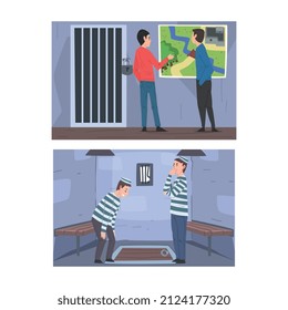 Escape Room Interior with People Character Discovering Clues and Solving Puzzles Vector Set