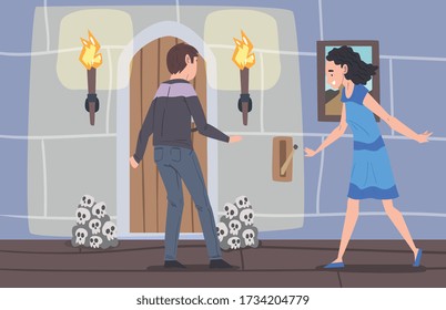 Escape Room Interior with People Trying to Solve Puzzle in Medieval Hall with Closed Door, Entertainment, Investigation Game Concept Vector Illustration