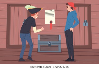 Escape Room Interior con gente tratando de buscar tesoros piratas, entretenimiento, juego de investigación e ilustración vectorial