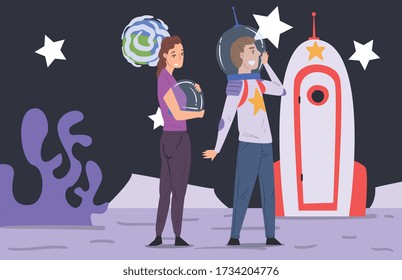 Escape Room Interior, Reality Quest with People in Outer Space Vector Illustration
