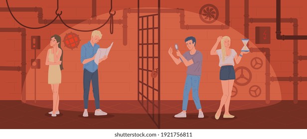 Escape room interior. Young people play in quest game - accept challenges, solve mysteries and puzzles. Modern entertainment industry. Flat cartoon vector illustration.