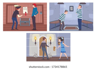 Escape Room Interiors Set, Reality Quest with People Trying to Seek Treasures and Looking for Escape Vector Illustration