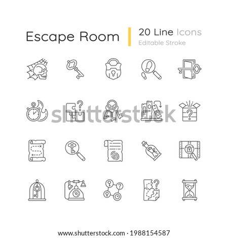 Escape room linear icons set. Challenge for logic skills. Solving puzzles, clues for riddles. Mystery quest. Isolated vector illustrations. Solving puzzles simple filled line drawings collection