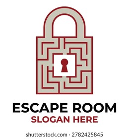 Escape room logo design with maze inside a padlock and slogan text icon