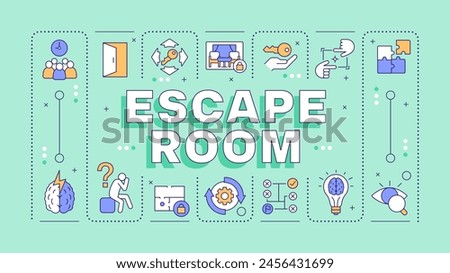 Escape room mint word concept. Outdoor family entertainment. Creative problem solving. Typography banner. Vector illustration with title text, editable icons color