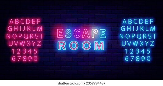 Escape room neon label. Quest emblem. Game zone. Colorful handwritten text. Funny play design. Welcome sign on brick wall. Shiny pink and blue alphabet. Editing text. Vector stock illustration - Shutterstock ID 2359984487