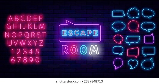 Escape room neon label. Speech bubbles frames set. Quest emblem. Game zone. Colorful handwritten text. Funny play design. Welcome sign. Shiny pink alphabet. Editing text. Vector stock illustration - Shutterstock ID 2389848713
