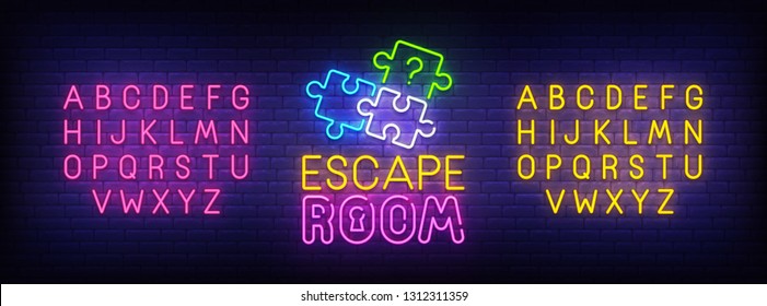 Escape Room neon sign, bright signboard, light banner. Quest Room logo, emblem and label. Neon sign creator. Neon text edit