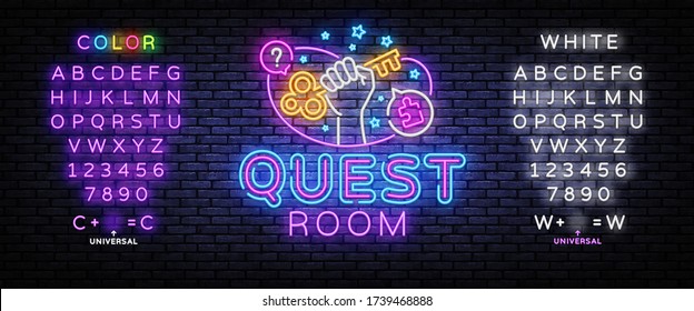Escape room neon sign vector. Quest room Design template, light banner, night signboard, nightly bright advertising, light inscription. Vector illustration. Editing text neon sign.
