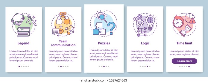 Escape room onboarding mobile app page screen with linear concepts. Quest game. Team communication, logic. Five walkthrough steps graphic instructions. UX, UI, GUI vector template with illustrations