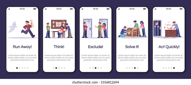 Escape room onboarding mobile app screen vector template. Run away, think, exclude, solve it, act quickly. Walkthrough website steps with flat characters. UX, GUI smartphone cartoon interface concept