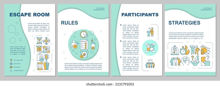 Plantilla de folleto de la planilla de la Fábrica de la Moneda de Escape. Normas y estrategias. Diseño del prospecto con iconos lineales. 4 diseños vectoriales para presentación, informes anuales. Fuentes ariales, infinitas Pro-regulares usadas