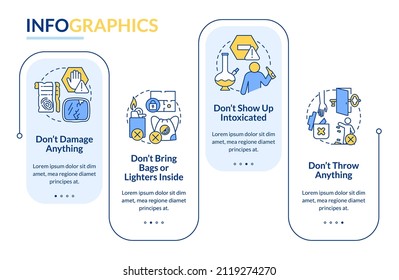 Escape room precautions rectangle infographic template. Dont damage things. Data visualization with 4 steps. Process timeline info chart. Workflow layout with line icons. Lato-Bold, Regular fonts used