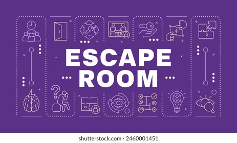 Escape room purple word concept. Outdoor family entertainment. Creative problem solving. Horizontal vector image. Headline text surrounded by editable outline icons. Hubot Sans font used