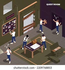 Escape room quest concept with people solving different treasure hunt puzzles isometric vector illustration