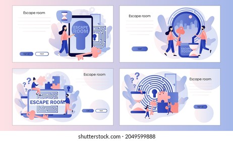 Escape room. Quest room. Tiny people trying to solve puzzles, gettout of trap, finding conundrum solution. Screen template for landing page, template, ui, web, mobile app, poster, banner, flyer.Vector