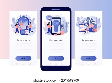 Escape room. Quest room. Tiny people trying to solve puzzles, gettout of trap, finding conundrum solution. Exit maze. Screen template for mobile, smartphone app. Modern flat cartoon style. Vector