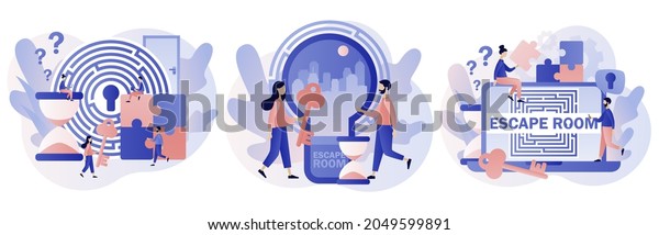 Escape room. Quest room. Tiny people trying to\
solve puzzles, find key, gettout of trap, finding conundrum\
solution. Exit maze. Modern flat cartoon style. Vector illustration\
on white background