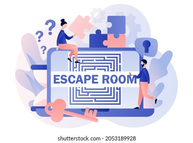 Escape room. Quest room web site. Tiny people trying to solve puzzles, find key, gettout of trap, finding conundrum solution. Exit maze. Modern flat cartoon style. Vector illustration